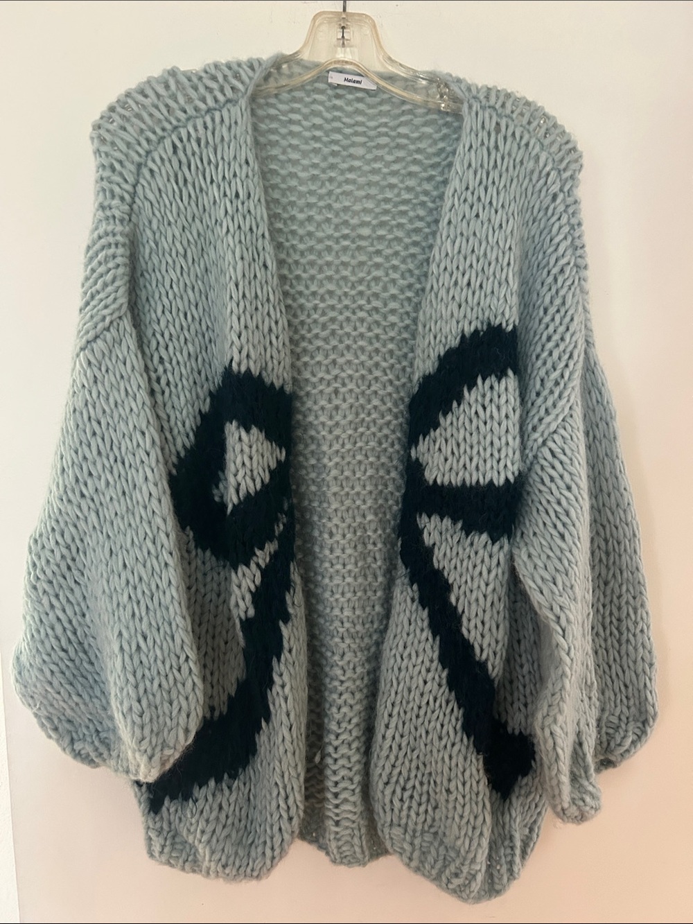 Maiami Chunky Light Blue Open-Front Sweater Cardigan with teal Bow Accent